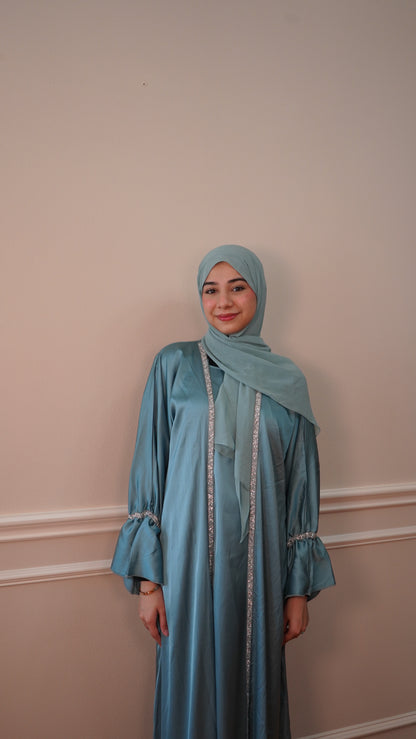 Blue Luxury 4 Piece Abaya Set, Silk, Satin, Embellished, Abaya, Eid Abaya, Ramadan Gift, Wedding Abaya, Islamic Clothing