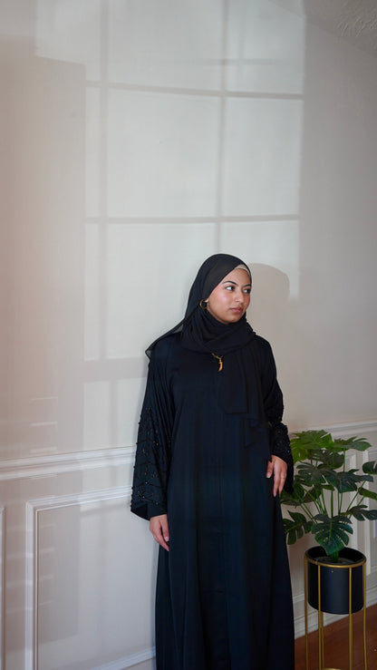 Noor Al-Layl Black Sleeve Work Abaya With Belt And Hijab