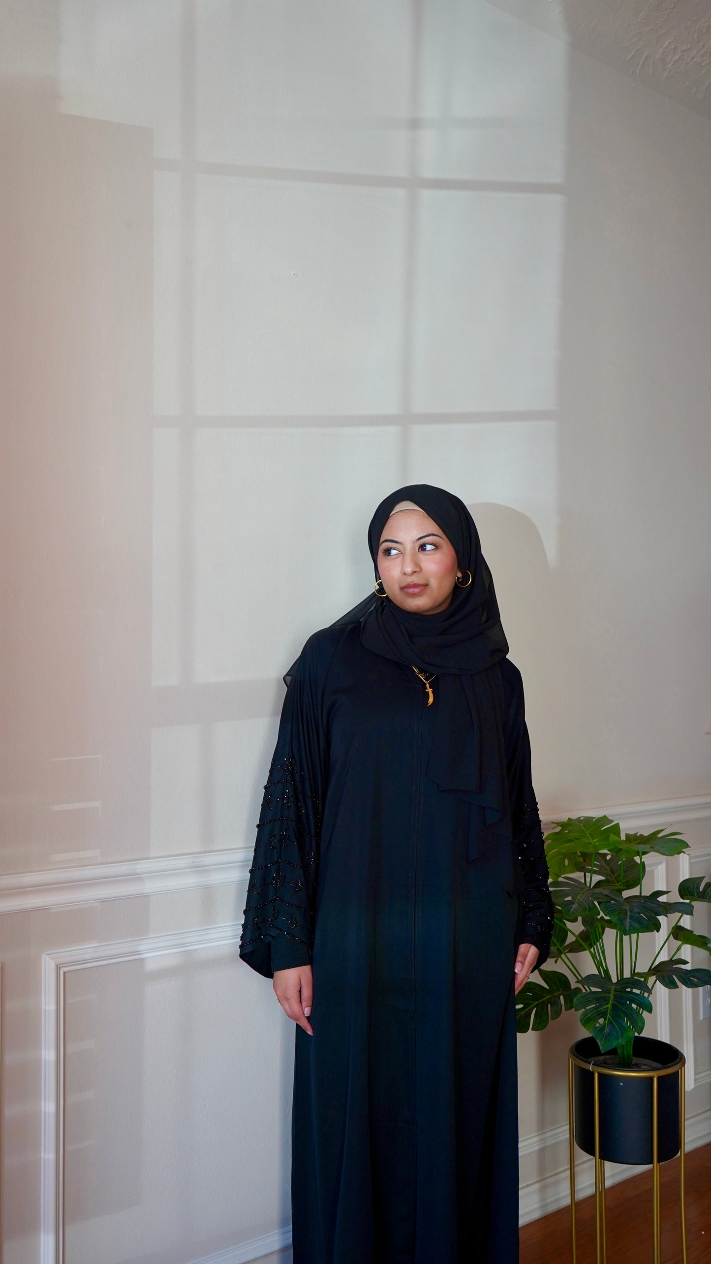 Noor Al-Layl Black Sleeve Work Abaya With Belt And Hijab