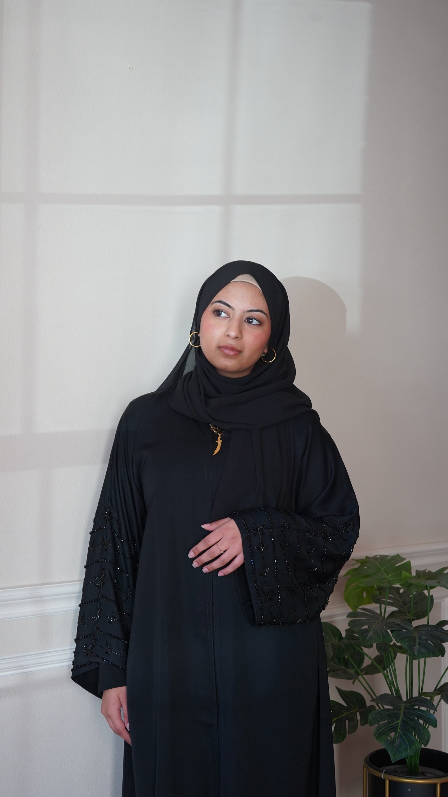 Noor Al-Layl Black Sleeve Work Abaya With Belt And Hijab