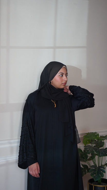 Noor Al-Layl Black Sleeve Work Abaya With Belt And Hijab