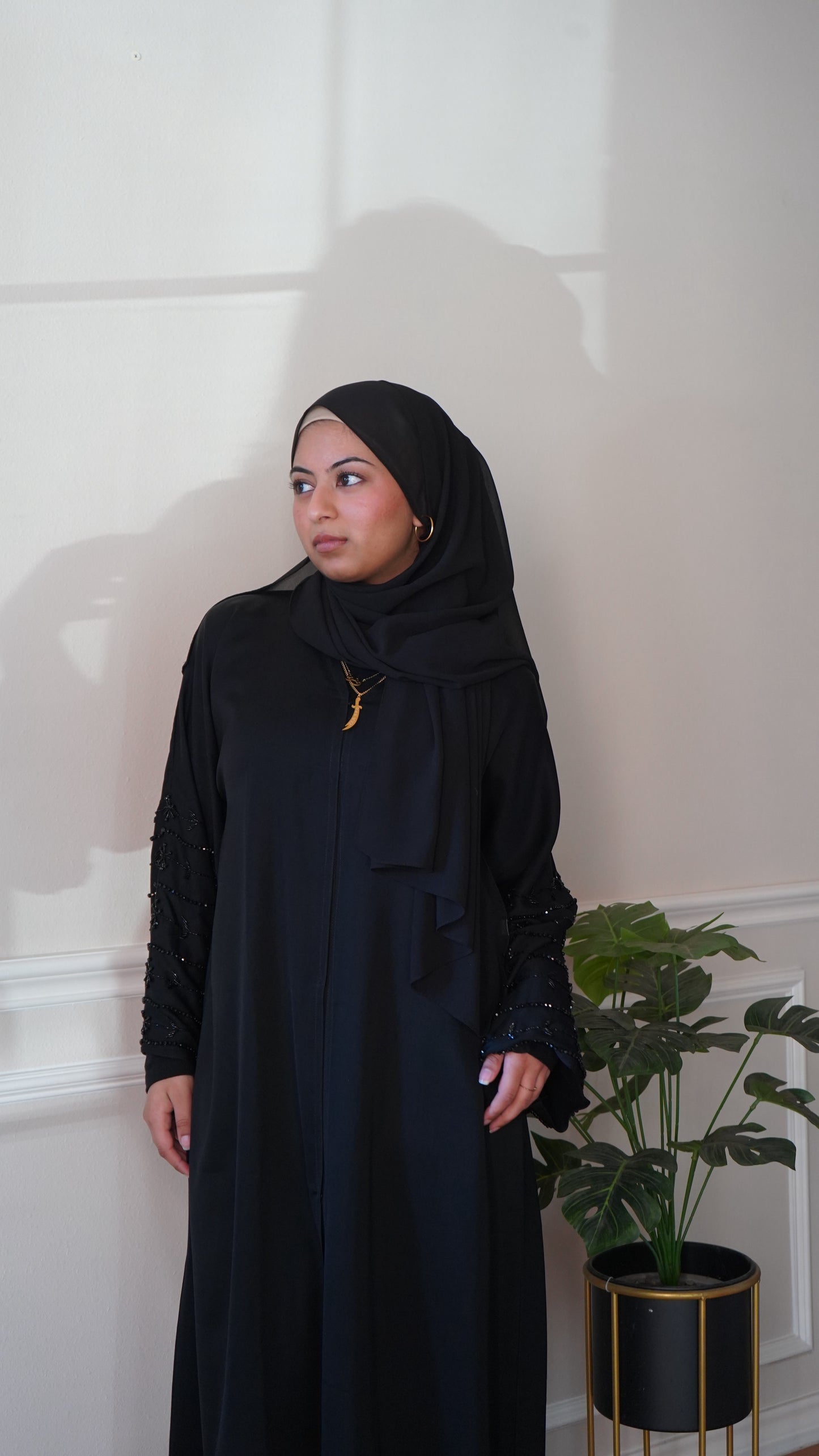 Noor Al-Layl Black Sleeve Work Abaya With Belt And Hijab