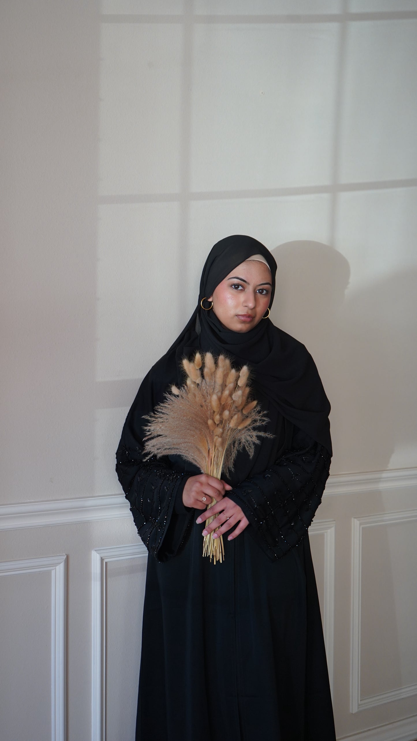 Noor Al-Layl Black Sleeve Work Abaya With Belt And Hijab