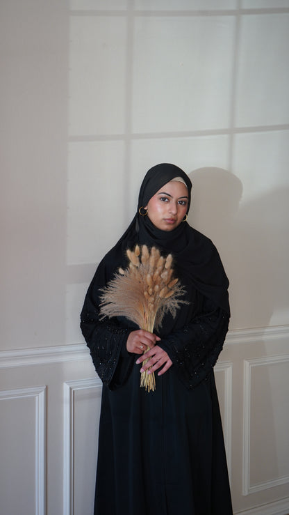 Noor Al-Layl Black Sleeve Work Abaya With Belt And Hijab