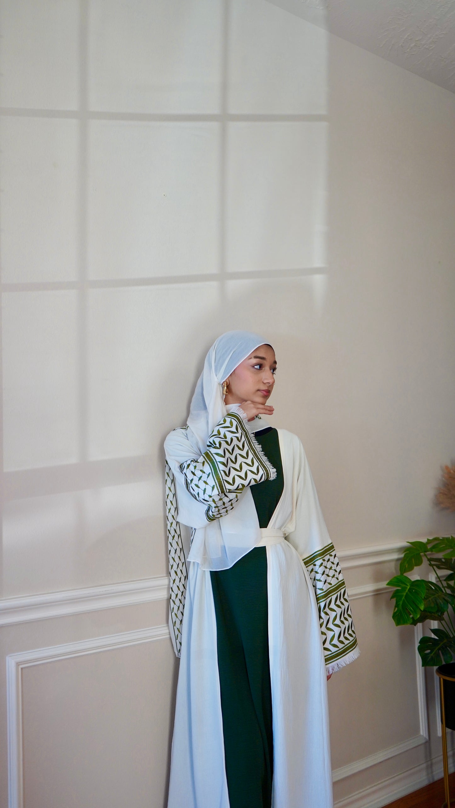 Keffiyeh Abaya Palestinian Embroidery open Abaya With Hijab And Belt 4-piece